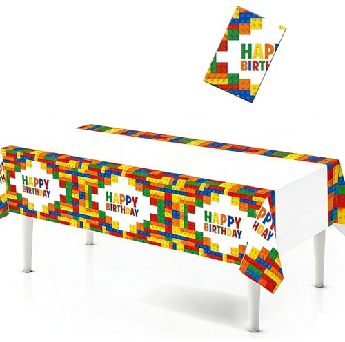 Gleemix Bausteine Tischdecke Kindergeburtstag, Happy Birthday Tischdecke Geburtstag, Bausteine Tischdeko 108 ×180cm für Block Partygeschirr, für Kinder Party Deko Mädchen Junge