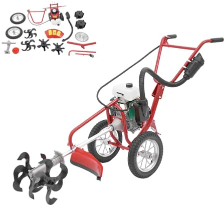 63cc 4PS Benzin Motorhacke, Gartenfräse Benzin, Bodenfräse, 4-Takt-Benzinmotor, 240 U/min, DREI Funktionen: Mähen, Bodenbearbeitung und Grabenziehen, Luftgekühlt, Rot
