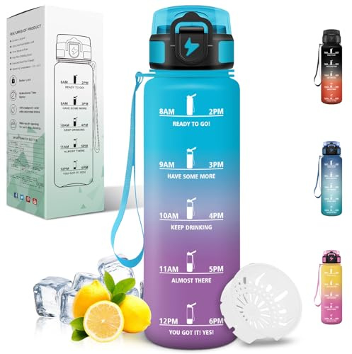 Motswedi Borraccia 1 Litro, con Filtro, Borraccia Palestra, a Prova di Perdite, Bottiglia acqua, Motivazionale, Borracce 1 litro, per Palestra, Escursionismo, Ciclismo, Blu & Viola