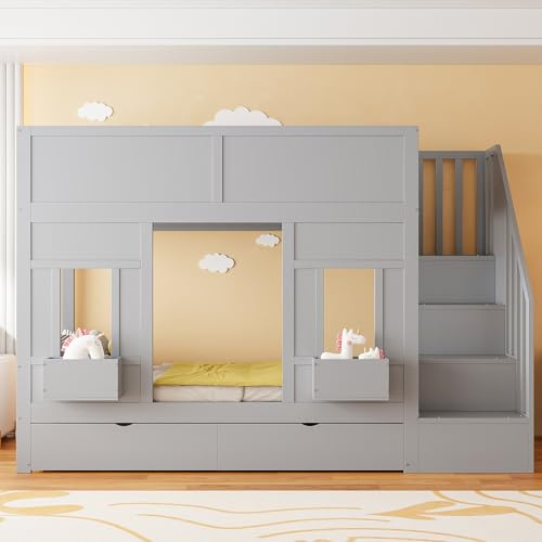 VIVCA Letto a castello con scala e cassetti, 90 x 200 cm, grande letto a soppalco con finestre e contenitori, struttura in legno con ringhiere di sicurezza, letto per bambini salvaspazio, grigio