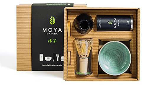 Premium Coffret Moya Matcha thé vert en poudre | 30 g de Matcha Ceremonie (I) + Bol + Fouet + Porte Fouet + Cuillère | Coffret complet pour la préparation du matcha