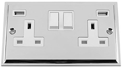 USB Socket 2 Gang - Polished Chrome - Victorian - White Insert Plastic Rocker Switch - 13A Double Wall Plug USB Socket 3