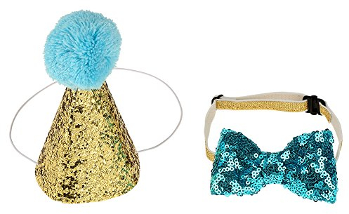Wifehelper Hut und Fliege, Pailletten-Set, für Hunde und Katzen, zum Geburtstag, Party-Dekoration, Schleife, Kostüm, Kopfbedeckung blau