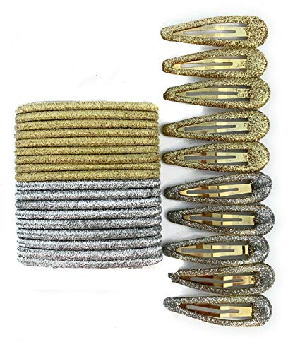 30 PCS Sleepie Elastics Hair Head Bands Snap Clips Hairbands Bobbles SCHOOL SET (Silver Gold)
