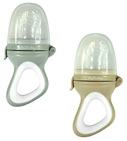 RaZbaby Baby Solids/Frozen Fruit Feeder Pacifier, Infant Teether Toy 6M+, BPA-Free, Safely Introduce Solids, Natural Teething Relief, Dishwasher Safe, Freezable – Grey & Tan 2-Pack