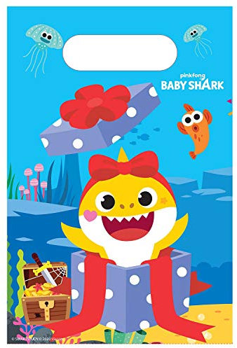 Amscan 9908479 - Partybeutel Baby Shark, 8 Stück, Größe ca. 23,4 x 16,2 cm, mehrfarbig, bunt, Geschenktüten aus Papier mit lustigem Hai-Motiv und Tragegriff, für Give-Aways oder Geschenke, Geburtstag