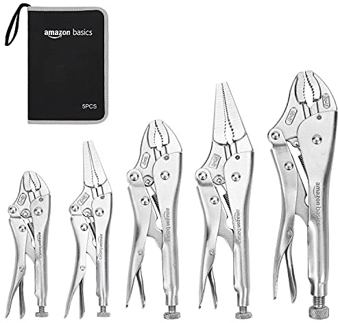Amazon Basics 5-Piece CR-V Locking Pliers Set with Wire Cutters, 2 Straight Jaw, 3 Curved Jaw, 6.5-10 inch, Silver, Carrying Case