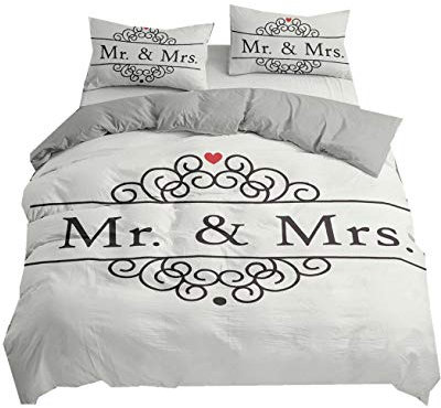 Ensemble de Literie Mr. et Mrs. Blanc Feuille Noir Marron Rose Couples Romantiques Mariage Amour Parure de Lit 2 Personnes Housse de Couette et Taie d'oreiller,Microfibre (Blanc, 220 x 240 cm)