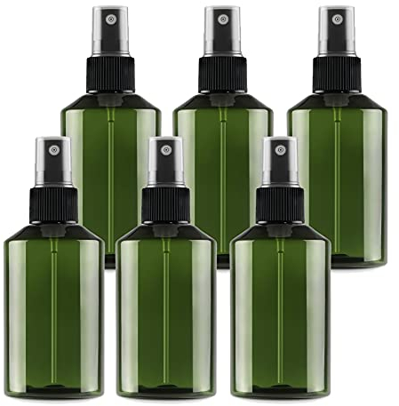 TIANZD 6 Pieces Empty 100 ml Green PET Plastic Fine Mist Pump Spray Bottles with Black Sprayer for Cosmetic Perfume Water Travel Portable Containers Refillable, 1x Funnel