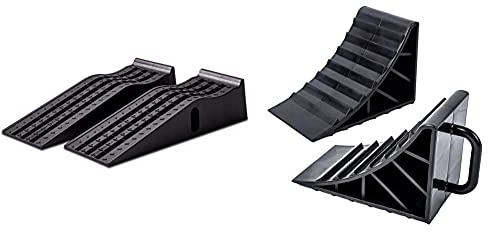 cartrend 10639 PKW Auffahrrampen-Set 3 Tonnen, bis 235 mm, Hebebühne, Kunststoff KFZ Rampe, mit Überfahrschutz, 2 Stück & ProPlus Unterlegkeil aus Kunststoff mit Griff, 2 Stück
