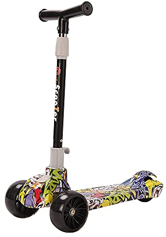 Kinder-Roller, 3 Räder, Tretroller für Kinder, mit LED-Rädern, verstellbar, Höhe 61 – 75 – 81 cm, mitwachsend, für Mädchen und Jungen (Graffiti, Schwarz A)