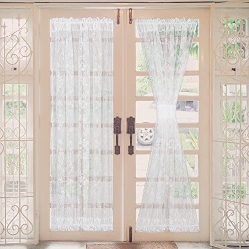 Moslovstar Französischer Türvorhang mit Rosenblüten, Spitzen-Voile-Vorhänge für Glasschiebetüren auf der Terrasse mit zusätzlichen Raffhaltern, 138 cm B x 183 cm L, 2er-Set