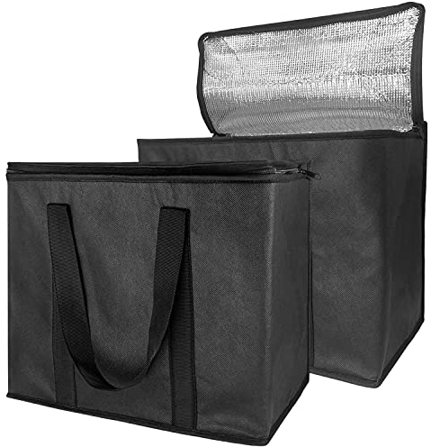 Set of 2 XL Premium Quality Insulated Collapsible Cooler Bag with Zipper Closure,Reusable Grocery Bag Keep Food Hot or Cold,Ideal for Uber Eats,Instacart,Restaurant Food Delivery (Black)