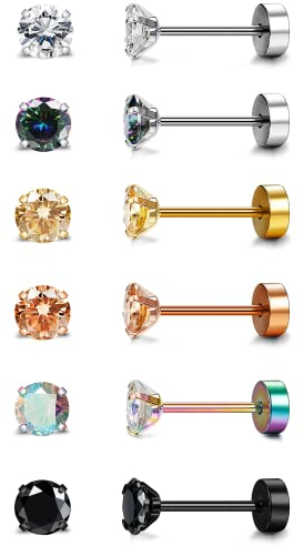 Diamday 6 paires de clous d'oreilles en acier inoxydable 20G pour femmes hommes filles Tragus CZ, dos plat, boucles d'oreilles à vis Helix, bijoux de piercing hypoallergéniques C