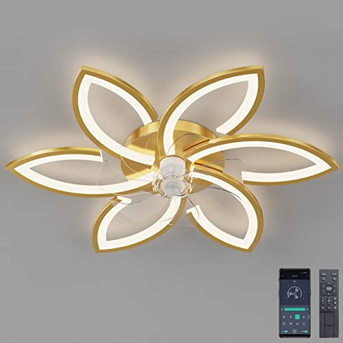 Ventilatore da soffitto silenzioso con luce con telecomando e APP dimmerabile luce colore luminosità 70W plafoniera creativa a forma di fiore in acrilico con ventola (oro)