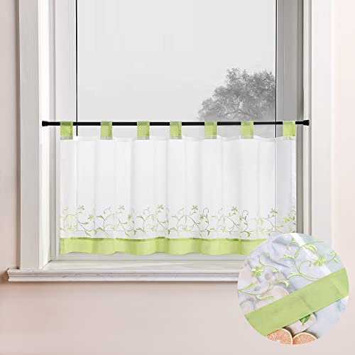 Joyswahl Voile Scheibengardine mit Blumenstickerei »Noah« transparente Bistrogardine mit Schlaufen Landhausstil Kurzstore HxB 30x90cm Grün 1er Pack