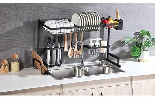 HUOLE Escurridor de Platos, Escurreplatos Encima del Fregadero, Escurridor de Platos Ajustable, con Soporte para Utensilios, para Mostrador de Cocina, Inoxidable, 85x32x52cm (Negro)