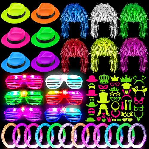Aodaer 94 Pieces Neon Party Supplies kit Includes 6 Plastic Fedora Hats 6 Colorful Wigs 6 Flashing Light up Glasses 12 Glow Bracelets 44 Photo Booth Props 20 Hairpins for Glow Birthday Party Favors