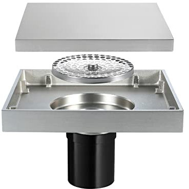 Duschrinne Messing Bodenablauf Quadrat Duschablauf Gebürstetes Nickel Duschabfluss Duschrinne mit Bodenablaufabdeckung, Haarfilter, Gerader Ablauf,150 * 150mm