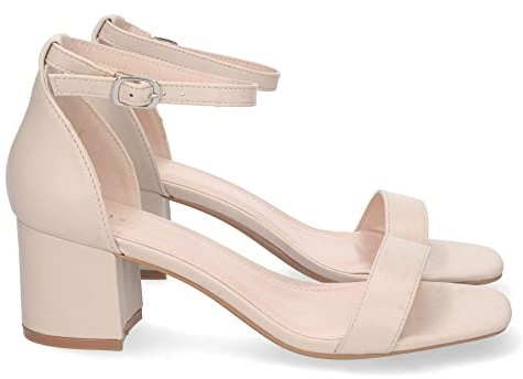 shoes&blues.es 74351 Sandalia de Tacon para Mujer, Comoda, con Pala Fina Simple, Estilo Ankle Strap, y Cierre de Hebilla Beige Talla 36