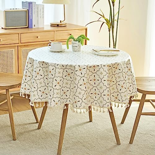 Geblümt Tischtuch, Polyester Abwischbare weiße gedruckte Tischdecke, Quasten staubdicht Wasser Fleck resistent Tischdecke für Hochzeit Party Küche Essen Tischplatte Buffet Dekoration (140cm Rund)