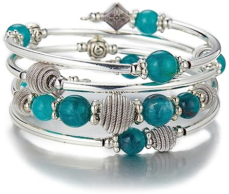 Bulinlin Silber Wickelarmband mit Naturstein Perlen Boho Mehrschichtiges Damen Armbänder Geburtstags Modegeschenk für Frauen (Meergrün)