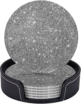 Silver Glitter Sparkles,Round Coasters, Mugs Pad, Cups Mat Set of 6 Leather Drinks Coasters with Holder