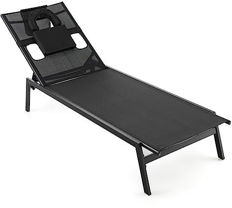 COSTWAY Lettino Prendisole da Giardino in Textilene, Schienale Regolabile in 5 Posizioni, Sedia Sdraio con Buco per Faccia e Cuscino Poggiatesta Staccabili, per Esterno Spiaggia Bordo Piscina