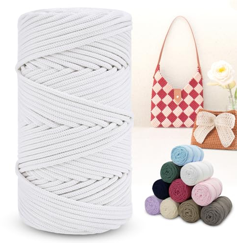 LEREATI Polyester Garn 150m Makramee Garn 4mm Geflochten Polyester-Seil Farbig Häkelgarn, Polyester Macrame Cord 4mm für Häkeltasche Umhängetasche Handtasche Geschenk Strickwaren (Weiß)