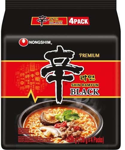 Nong Shim Instantnudeln Shin Ramyun Black – Koreanische Rindfleisch Ramen Suppe scharf mit Knoblaucharoma - schnelle Zubereitung – 1er Vorteilspackung - 4 x 130g