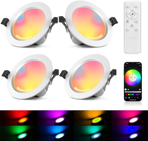 4er 5W LED Einbaustrahler 230V RGBWC+CCT, Bluetooth LED Einbauspots mit Fernbedienung Deckenspot Flach LED Einbauleuchten LED Downlight Farbwechsel, RGB+2700K-6500K, APP Steuerung, Musik Sync