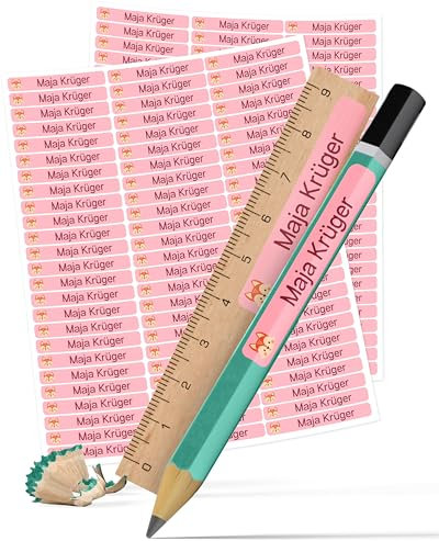 StiKiddo® 225 Stück Namensaufkleber Kinder für die Schule - Personalisierte Aufkleber, Ideal für Stifte & Schulsachen, Made in Germany - Rosa