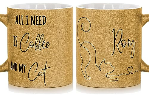 Hairyworm Personalised Mug & Milk Chocolate Easter Egg Gift Set, Customised with Name, Ceramic 11oz Gold, Silver, Blue, Pink Glitter All I need Is Coffee My Cat Illustration Cup Design,