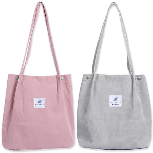 Bikasun Groß Umhängetasche Damen Cord Schultertasche Strandtasche Cord Tasche Crossbody Tasche Shopper Tote Bag Einkaufstasche Handtasche Shopper für Arbeit Einkaufen Schule Hellgrau und Rosa
