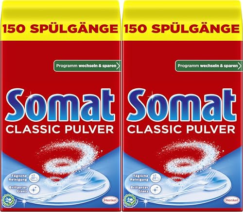 Somat Classic Pulver-Reiniger 300WL (2x 150WL), Spülmaschinenreiniger für die tägliche Reinigung, entfernt hartnäckigste Flecken bei jeden Spülgang, schonend für die Umwelt, 2x 2,4kg