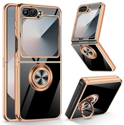 HeeYeal Case for Samsung Galaxy Z Flip 6 / Z Flip 7 FE 5G, with Magnetic Rotation Ring Holder Stand, Soft Silicone TPU Camera Protection Cover Case for Samsung Galaxy Z Flip 7 FE/Z Flip 6 5G- Black