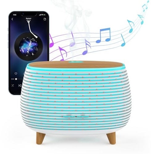 APOMOTOT 2-in-1 BT Speaker & Ultrasonic Essential Oil Diffuser,Aromatherapy Diffuser Cool Mist Humidifier with 7 Colors Lights for Large Room Home Office,400ml(White+Wooden Grain)