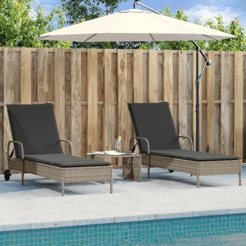 Homgoday Gartenliege,Sonnenliege 2 Stück mit hellgrauen Kissen aus Polyrattan,Sonnenliegen, Schlafsofa Möbel, Pool-Liege,Sonnenliege für den Garten