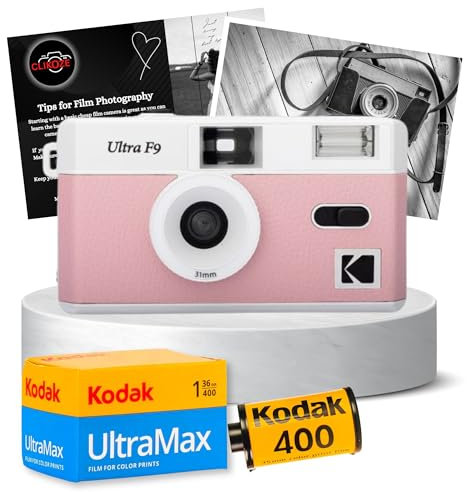 Reusable Film Camera Bundle Includes a Baby Pink Kodak Ultra F9 Film Camera, Kodak Ultramax 35 mm Film 36 Exposures and Clikoze Camera Film Photography Tips Card