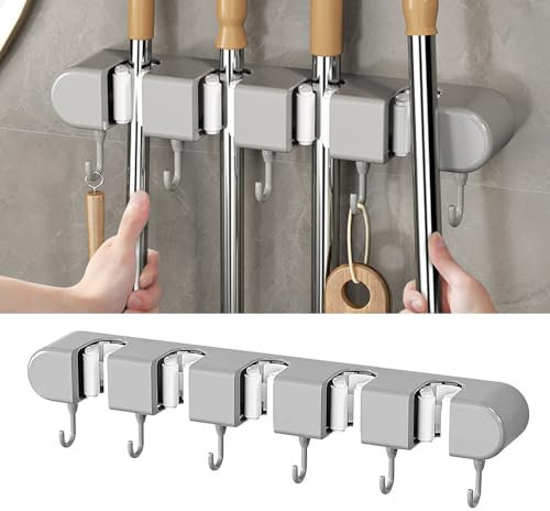 PacuM Grau Besenhalterung Wand Besenhalter & Gerätehalter Wand mit 5 Halterungen & 6 Haken Selbstklebend Gerätehalter Garage Werkzeughalter Wand Gerätehalter Wandhalterung，für Küchen, Bäder, Gärten