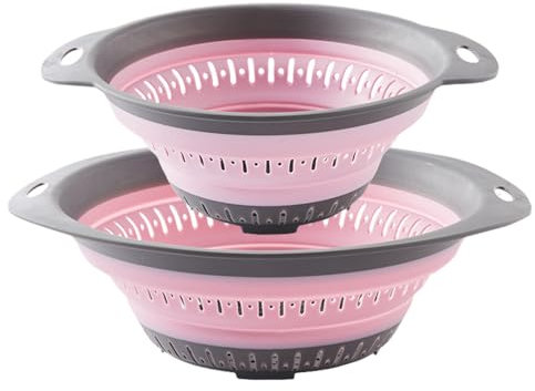 2 Pcs Collapsible Colanders, Surwin Big Small Combination Silicone Colander, Foldable Filter Drain Baskets, Kitchen Strainer for Draining Pasta Fruits Vegetable Colanders (Pink)