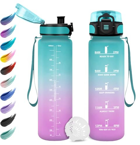 Botella Agua 1L, Botella Agua Motivadora y Prueba de Fugas, Fácil de Limpiar, Reutilizable, Botella Agua con Marcador de Tiempo, Garrafa Agua para Escuela, Senderismo, Gimnasio, Bicicleta, Adultos