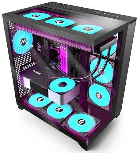 ANSAITE ATX PC CASE 3 PWM ARGB Fans Pre-Installed, Mid-Tower Gaming PC Case, 3* Panoramic Tempered Glass Computer Case with Type-C,360mm Radiator Support,Black,W01