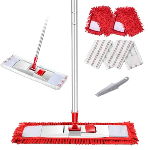 Myiosus Balai serpillère, Balai Plat Rotatif à 360°, Balais Serpillere Microfibre avec 4 Serpillere Tampons en Chenille, Balais Sec & Humide Nettoyer Sol pour Toutes Les Taches de Sol (Rouge)