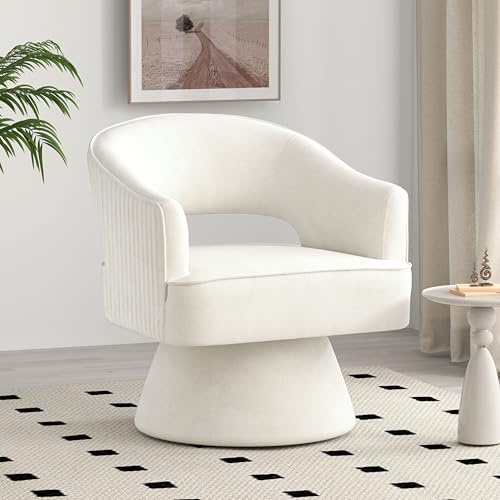 SEYNAR Mid-Century Modern Drehbarer Kuscheltonnen-Akzentsessel, 360-Grad-Drehbarer Runde Sessel, Gepolsterter Vanity-Stuhl, Gestreifter Samtsessel für Wohnzimmer, Schlafzimmer, Arbeitszimmer (Beige)