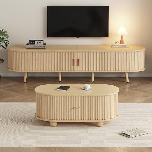 Wiuzo Wohnzimmer-TV-Schrank mit Stauraum + Couchtisch-Kombination, ovale Kombination in Originalholzfarbe, MDF (100 * 50 * 40 cm + 175 * 40 * 42cm)