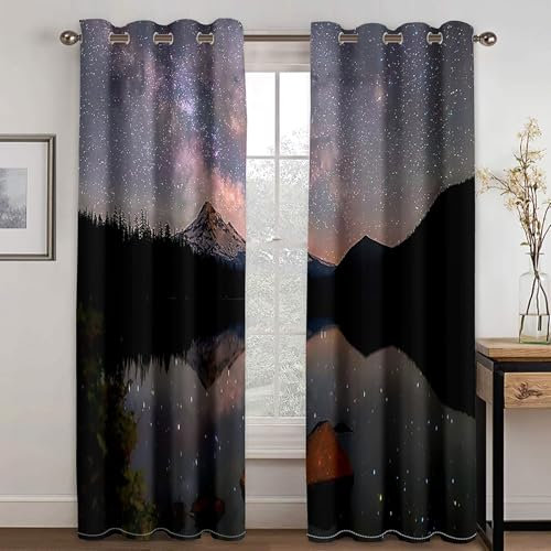 Mesnt Vorhänge Blickdicht, 152x274cm Schwarz See Berg Sternenhimmel Vorhang für Fensterbehandlung Wohnzimmer/Küche