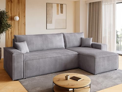 BROMARKT Sofa mit Schlaffunktion Couch L Cordstoff Sofa Bettkasten Schlafsofa für Wohnzimmer Ecksofa freistehend Adi Relaxsofa 3 sitzer 244x143x85 cm Hellgrau