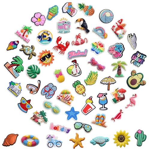 54 Pcs Summer Beach Shoe Charms Decoration Set, Waterproof PVC Shoe Decorations Compatible, DIY Durable Shoe Accessories, Sea Turtle Coconut Tree Starfish, Fun Unique Decoration Gift for Kids Adults