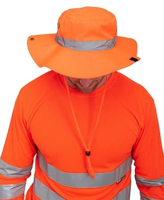 Mivaro Warnschutz Safari Hut Orange mit Reflexstreifen und verstellbarem Schirm - Sicherheits Kopfbedeckung für Jagd BAU Forst Outdoor - Unisex Sonnenschutz Hut mit Kinnband One Size